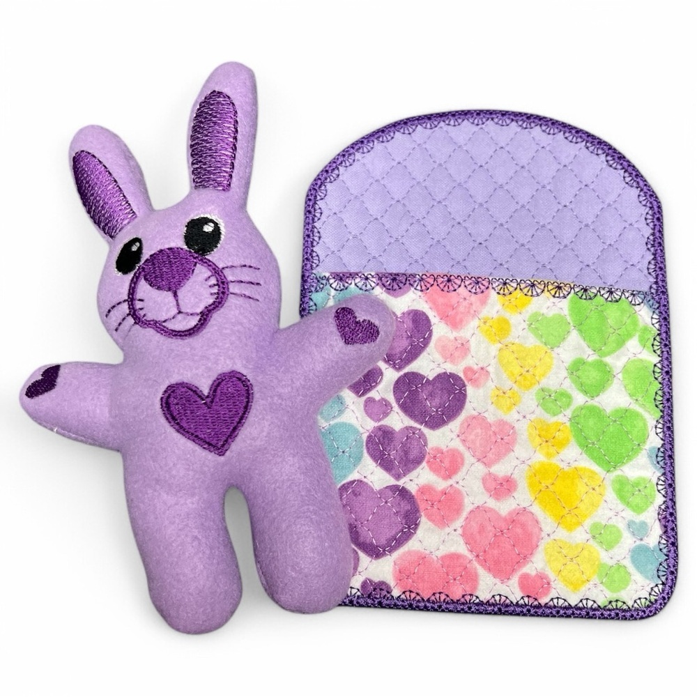 Hand Crafted Bunny Plush Toy with Quilted Blanket Sleeping Bag Purple Hearts